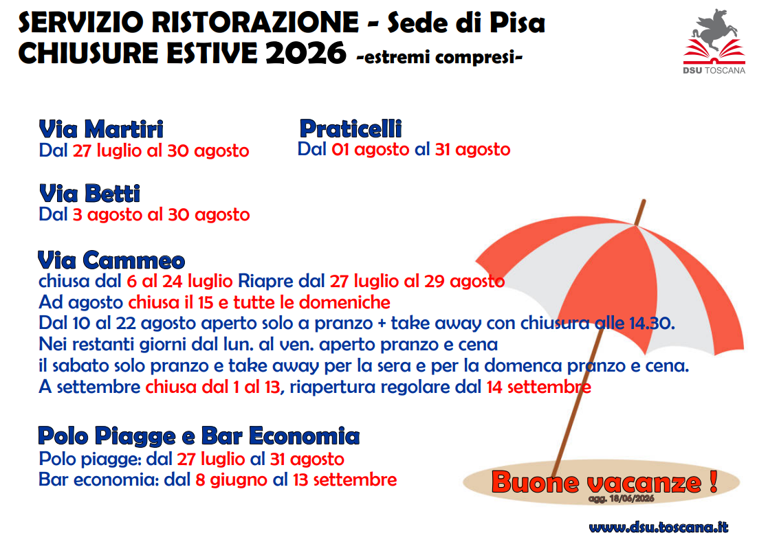Chiusure mense Pisa per il periodo estivo